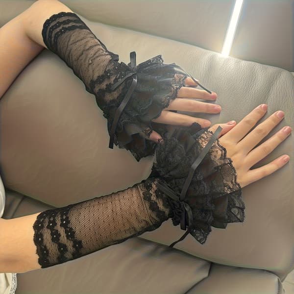 Japansk-inspirerede mesh blondehandsker til kvinder med sløjfedetalje til bryllupper og særlige lejligheder Black