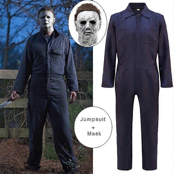 Michael Myers Kostume 2024 - Maske, Cosplay, Halloween Jumpsuit, Horror Blodig Morderrekvisit, Karnevalspartykostume til Voksne Mænd Maske Mask L