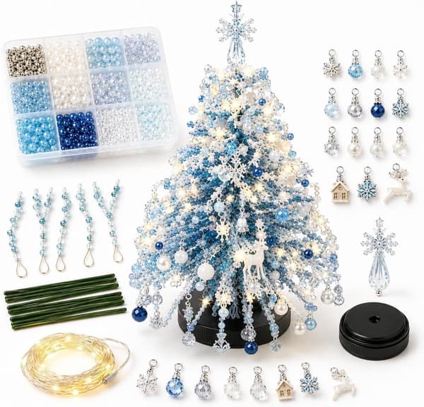 DIY perle juletræ håndværkssæt grøn, med LED lys charms engletopper og sorteringsboks