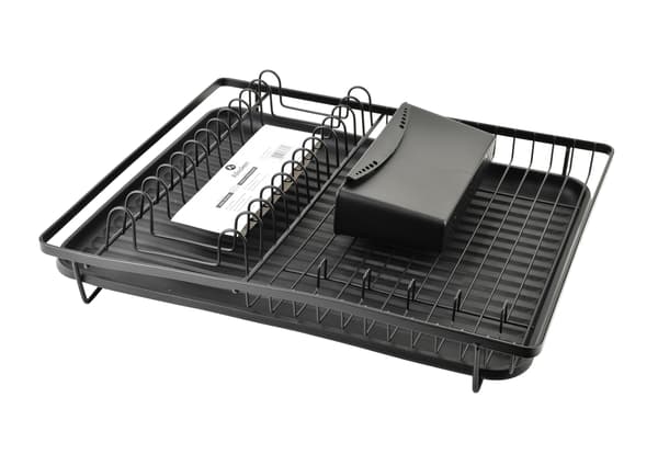 BASIC KITCHEN Oppvaskstativ i svart metall 44x13,5x33 cm med skjærebrett