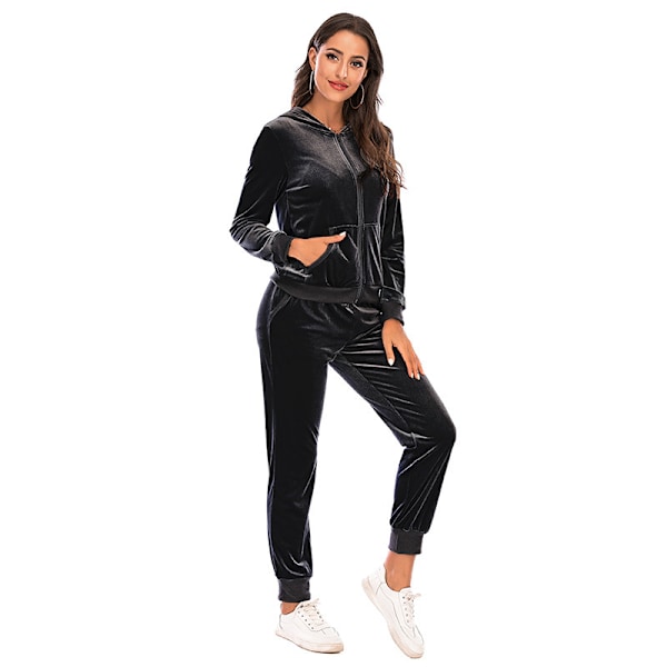 Naisten Treenipuku 2-osainen Setti Veluuri Hikiasu MUSTA BLACK XL