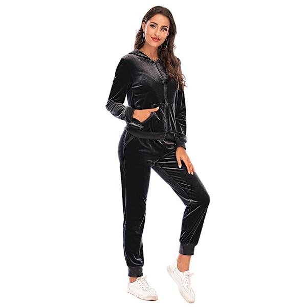 Träningsset för Kvinnor 2-delat Velour Sweat Outfits SVART BLACK XL