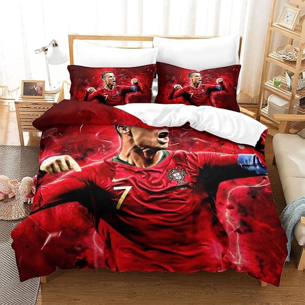 Fodbold Cristiano Ronaldo Sengetøj Dynebetræk Sæt Blødt Mikrofiber CR7 Sengetøj Dynebetræk Sæt med Lynlås og Pudebetræk til Børn Vu Single 135x200cm