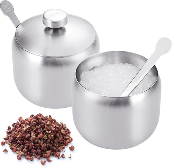 Sukkerskål i rustfrit stål, 2 stk. med låg og ske, til salt, sukker, kaffe, te, krydderier