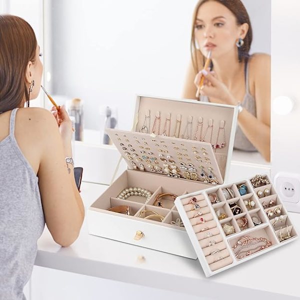 Smyckeskrin Organizer för Halsband, Örhängen, Armband, Ringar, Stort Smyckeskrin i PU-Läder med 3 Stapelbara Lager (Vit)