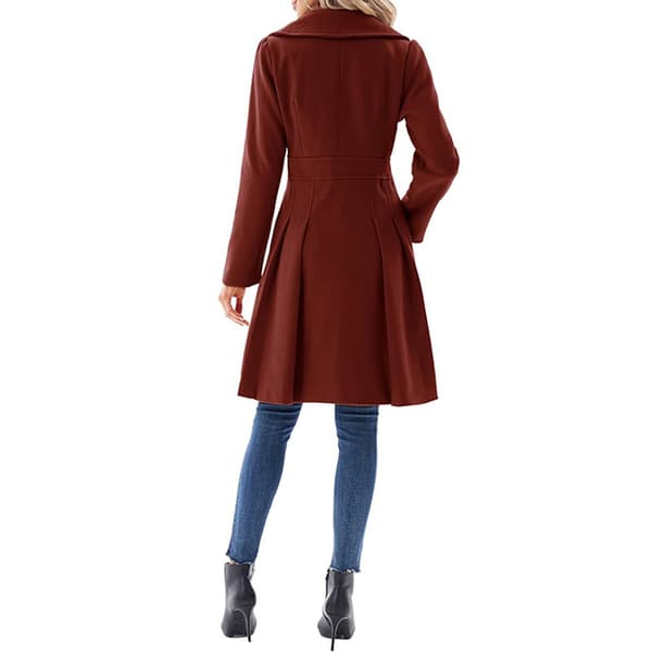 Women's Trench Coat Fashion Sharp Shirt Collar Double-Breasted Thick A-Line Jacket Dark Red