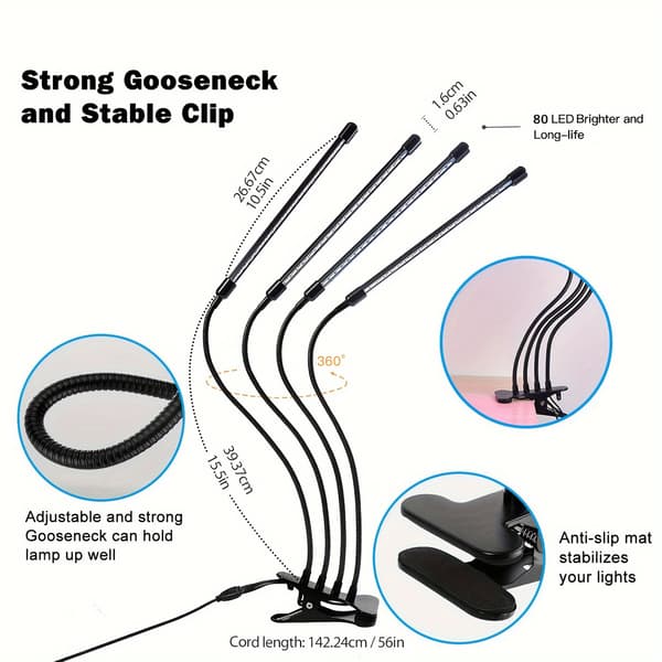 Full Spectrum LED Växtlampa för Inomhusbruk med Timer Dimbar Clip-4 Tubes Purple