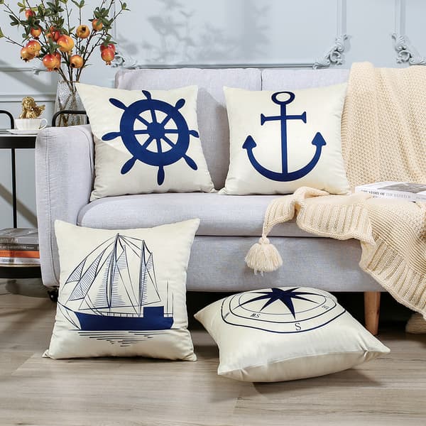 Set of 4 Nautical Pillowcases, Marine Anchor Pattern, 45 x 45