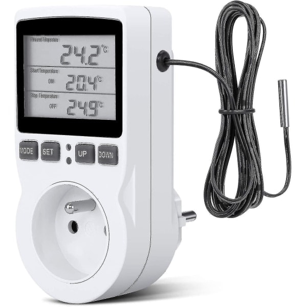 Digital termostat for oppvarming/kjøling med stikkontakt, LCD-temperaturregulator, 230V for drivhustemperaturregulator/terrariumtermostat (stikkontakt)