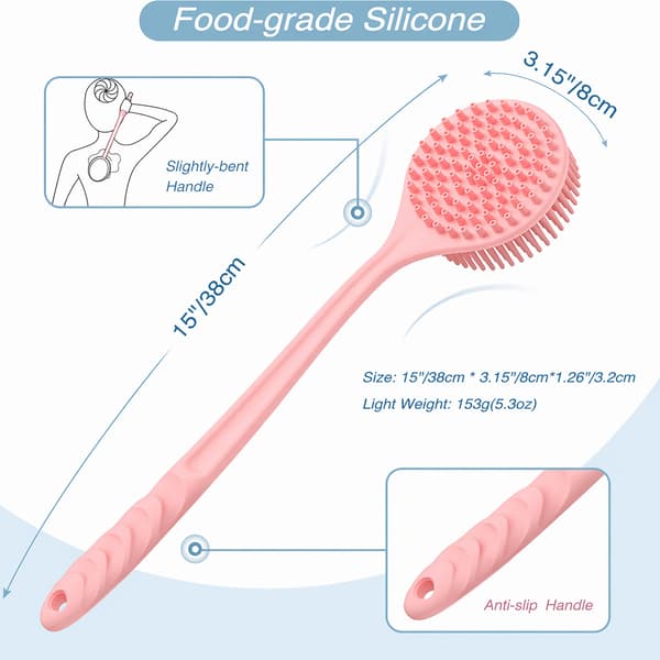 Silicone Long Handle Double-Sided Massage Bath Brush for Deep Cleaning & Relaxation Pink[ZHE] 178 Pink