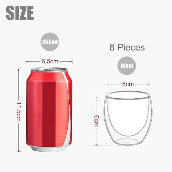6 stk. Dobbeltveggede Kopper Glasskrus, Transparente Dobbeltveggede Kaffekopper, Dobbeltvegget, Cappuccino, Latte og Isolert (80ml)[ch]
