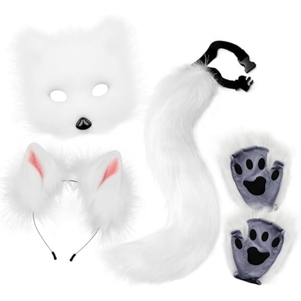 Plyschmask med rävsvans och öron set, katt svans räv kostym cosplay kostym med kattöron och tasshandskar halloween cosplay vit Hög kvalitet (Påsk) white