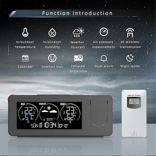 ZX3538 Digital Projektionsväckarklocka med Väderprognos Temperatur Luftfuktighet[ZHE]