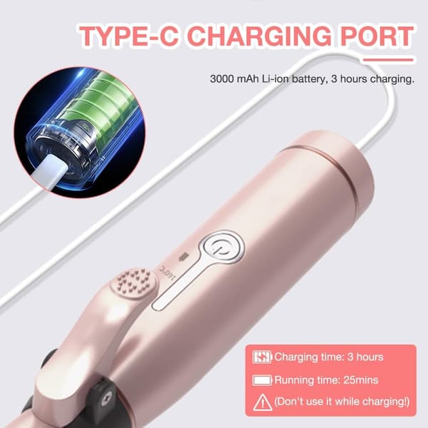 Curling Iron 19 mm USB Rechargeable Ceramic Curling Wand with 2 Adjustable Temperatures and Fast Heating Cordless Portable Travel Curling Iron