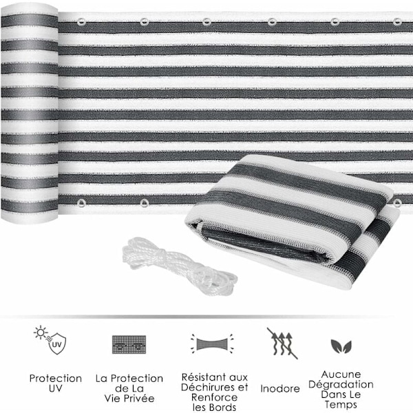 Parvekeverkko 100% HDPE 200g/m2 UV-suoja Repäisynkestävä ja tuulenpitävä Näkösuoja nippusiteillä ja naruilla 500x90cm Harmaa Valkoinen