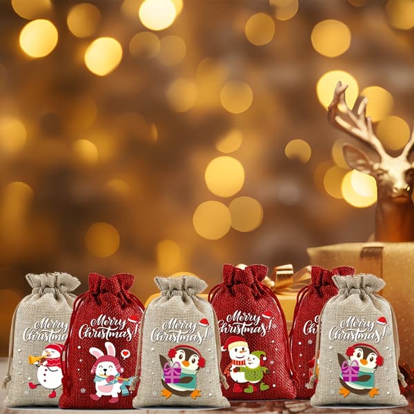 Julklappspåsar med dragsko i säckväv och jute för julklappar och festgåvor Red/Burlap Brn