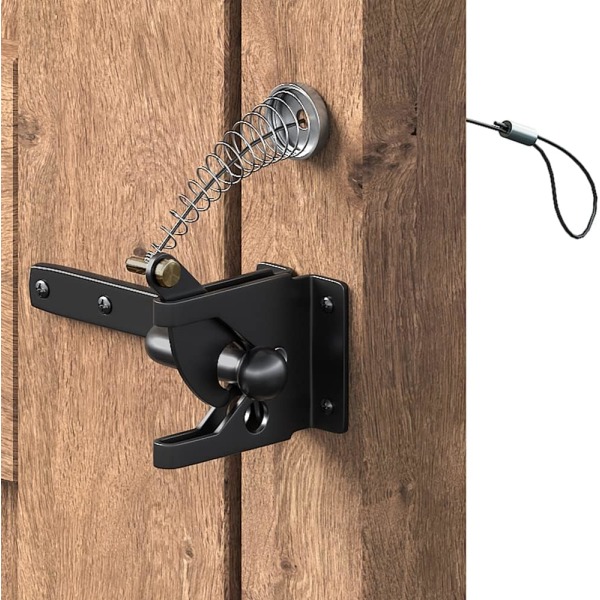 Självlåsande Grindlås i Kolstål Svart/Låsstolpsmontering med Fjäderkabel i Rostfritt Stål