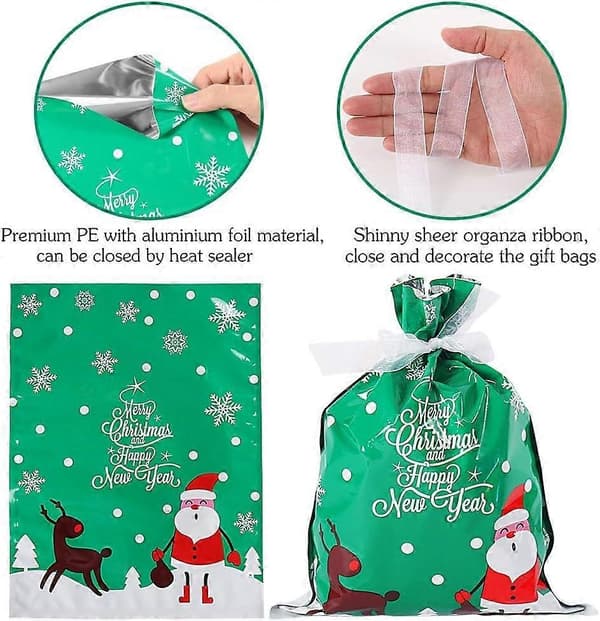 30 julklappspåsar med dragsko - Blå & Gröna Mylar-presentpåsar (S/M/L) [ZHE]