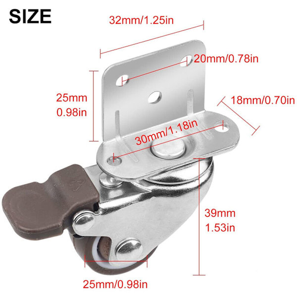 4-pack 25 mm svängbara möbelhjul med bromsar