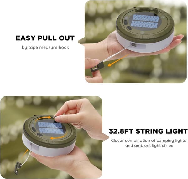 2-in-1 Solar Powered Camping Lantern with 10m Retractable String Lights, USB Rechargeable 8 Modes, For Tent Hiking Patio, Army Green White