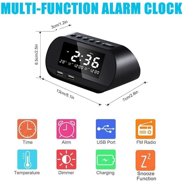 Klockradio med FM-radio, digital väckarklocka, dubbla alarm
