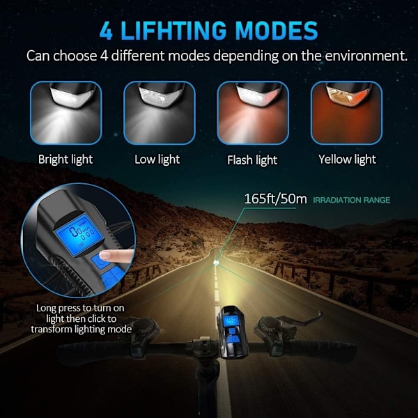 11 LED cykellamper USB-opladelige for- og baglygter, cykelhastighedsmåler, vandtæt kilometertæller, velegnet til
