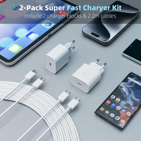 2-pak 25W hurtig USB-C-oplader og 2m kabel til Samsung Galaxy S24/S23[ZHE] 2pack white