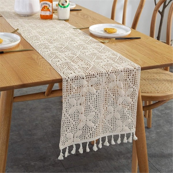 IC Vintage Makramee-pöytäliina, Käsintehty Virkattu Pitsi-pöytäliina, Boho-Puuvillakangas Tupsuilla Hääpöytään (A. 30 x 200 cm)