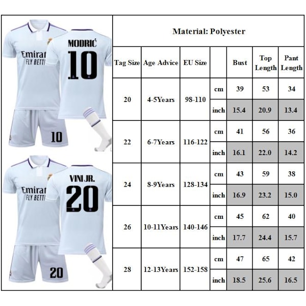 Real Madrid Hjemmebane Benzema Fotballdrakt Fotballtrøye Sett Fotballtrening BARN Gutter Sett Drakttrøye Shorts Strømper Topp 2022/2023 #20 #20 26