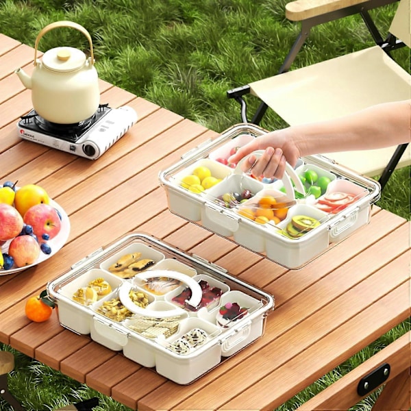 Snackle Box Beholder, Delt Serveringsbrett med Lokk og Håndtak, Reisesnackboks, Multifunksjonell Matorganisator og Oppbevaringsbeholder for Charcuterie