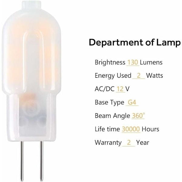 G4 LED-pære, 5-pak  Tilsvarende halogenpærer, G4 2W LED-pære Energibesparende til spotlamper, DC 12V