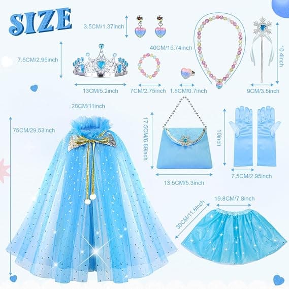 Blå Prinsessekjole Sett med Kappe & Tiara for Jenter 3-8 År[ZHE] Blue