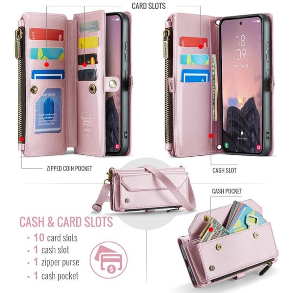 Samsung Galaxy S26 5G Case with Card Slot, Zipper Wallet, RFID Protective Leather Rosa