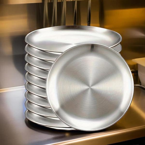 Sett med tallerkener i rustfritt stål, matte børstede runde fat til kake, dessert, snacks og frukt 13.97cm Silvery