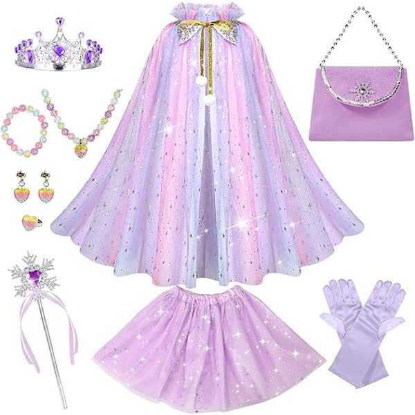 Prinsesse-antrekk for jenter, 11 deler Prinsessekappe med krone, Prinsessekjole for jenter 3-8 år Bursdagsgave (Lilla) Purple