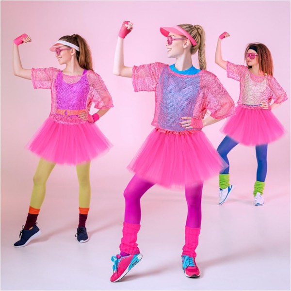 80'er Neon Festtøj Kostume Tilbehør Sæt, 1980'er Retro Tema Fest Dekoration Outfit til Kvinder Piger Sæt - Rose Red Set - Rose Red One size