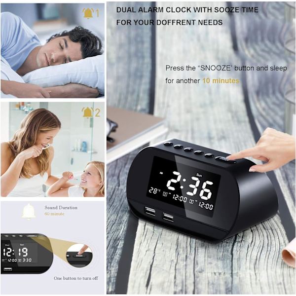 Klockradio med FM-radio, digital väckarklocka, dubbla alarm