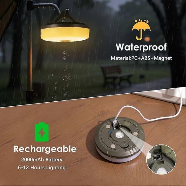 2-pack camping string lights, 4-in-1 quick storage, 8 modes 10 meter rechargeable hanging tent lamp with flashlight, work light - camping accessories