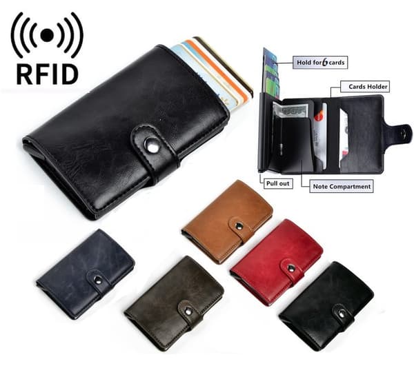 RFID-Secure Card Holder, Ejects 6 Cards with Leather Jacket and Bill Compartment Brun brown