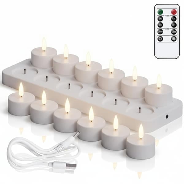 12-pack rechargeable LED candle tealights with remote control and timer without flame charge – flickering warm lights Halloween, Christmas and party decorations Vit white