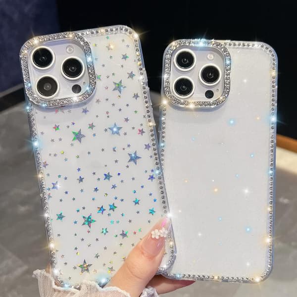 iPhone 17 Pro-deksel med Rhinestone-glitter og 4-hjørners anti-fall Vit