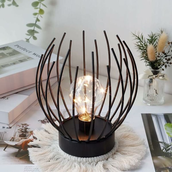 Metallbordlampe med bur, trådløs batteridrevet Edison-pære, perfekt fo...