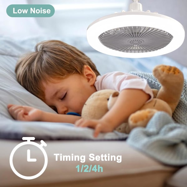 LED Takfläkt med Belysning, 30W Taklampa med Fläkt och Fjärrkontroll, Timer, 3 Färger Dimbar LED, 3 Hastigheter, Liten Elektrisk Fläktlampa (Vit)