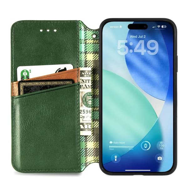 iPhone 17 Lædercover med magnetisk lukning og gitterdesign Grön