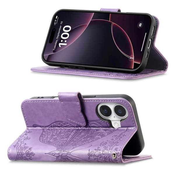 iPhone 17 Skinnveske med preget sommerfuglblomst Lavendel