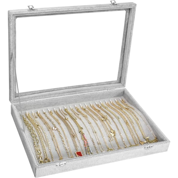 Halsbandshållare Box Premium 20 Krokar Halsbandsdisplay Smyckeskrin med Transparent Lock Smyckeshalsbandsdisplaybox (Grå)
