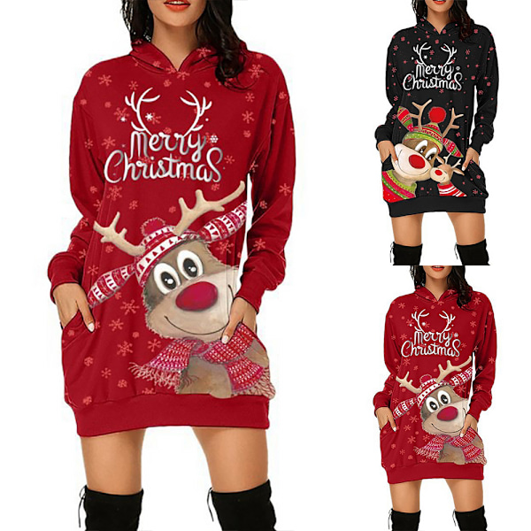 Jul Kvinnors Mode Ren Jultröja Klänning Hoodies Fest Röd red 2XL
