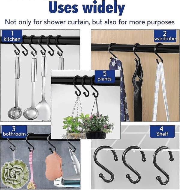 12 Pcs Rust-Resistant Metal Shower Curtain Hooks S-Shaped Hooks Compatible with Shower Curtains, Kitchen Utensils, Clothes, Towels, Black