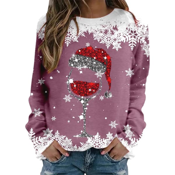 Jultröja för kvinnor, Långärmad tröja med rund hals, Pullover - Lila - Storlek S Lila