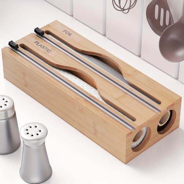 2-i-1 Bambusdispenser for Folie, Voks- og Bakepapir med Kutter Brown-1